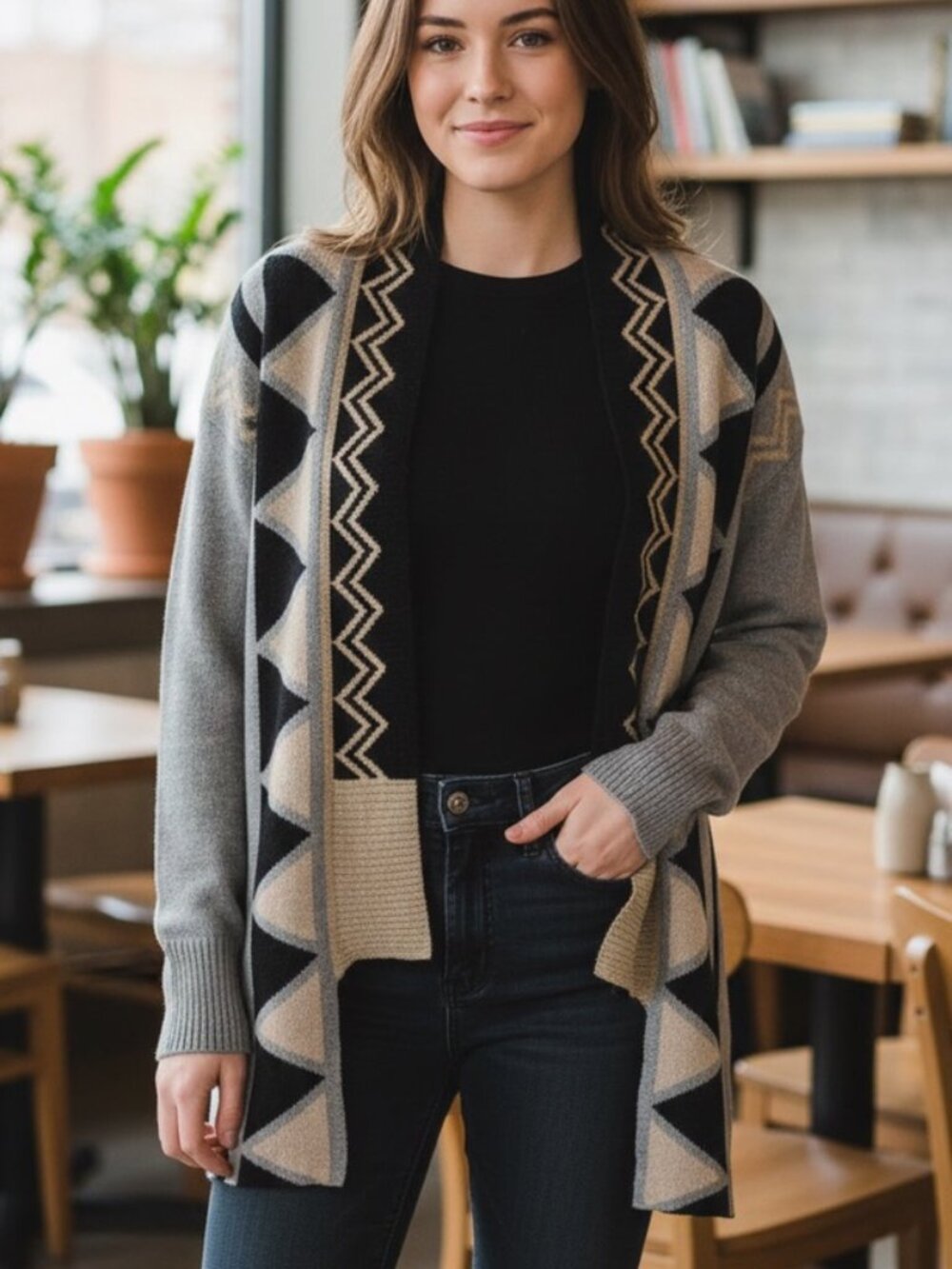 Softn Grey and Multi Aztec Trim Open Front Cardigan Size S